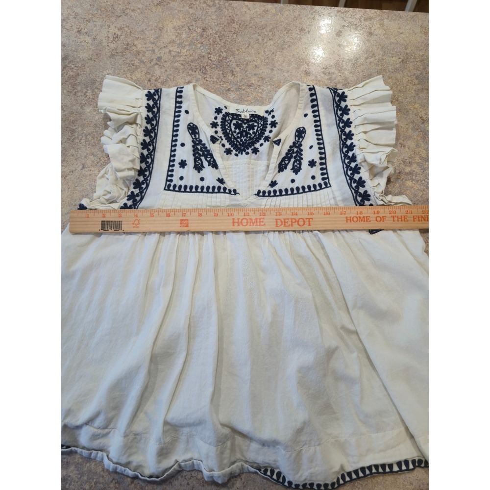 Solitaire Womens XL Embroidered Cotton Boho Top Ruffle Sleeve White Navy Blue - Picture 6 of 8